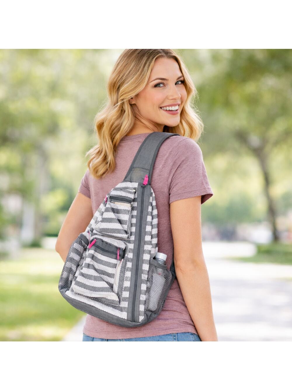 Thirty-One Sling-Back Bag Grey Wave Chevron Crossbody Travel Daypack
